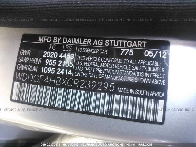 WDDGF4HBXCR239295 - 2012 MERCEDES-BENZ C 250 SILVER photo 9