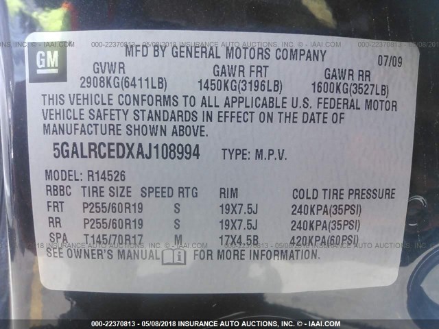 5GALRCEDXAJ108994 - 2010 BUICK ENCLAVE CXL GRAY photo 9