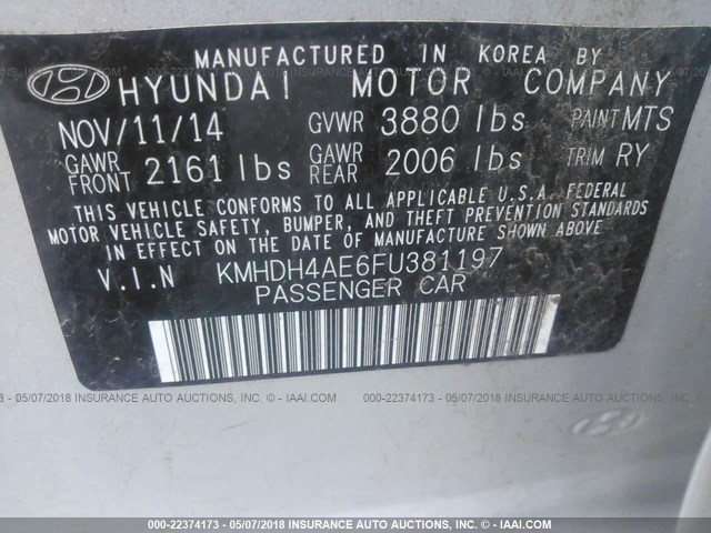 KMHDH4AE6FU381197 - 2015 HYUNDAI ELANTRA SILVER photo 9