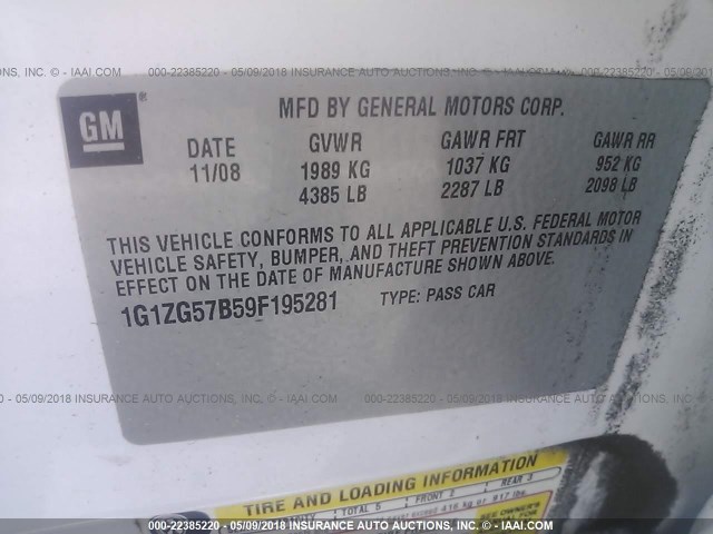 1G1ZG57B59F195281 - 2009 CHEVROLET MALIBU LS 白色 照片 9