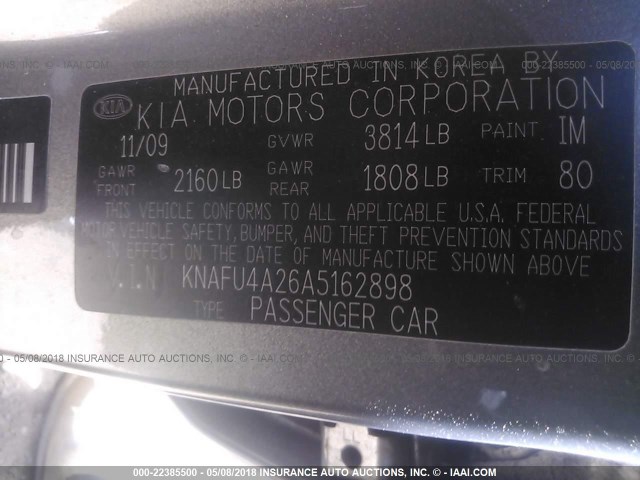 KNAFU4A26A5162898 - 2010 KIA FORTE EX GRAY photo 9