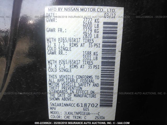 5N1AR1NN4CC618702 - 2012 NISSAN PATHFINDER S/LE/SE BLACK photo 9