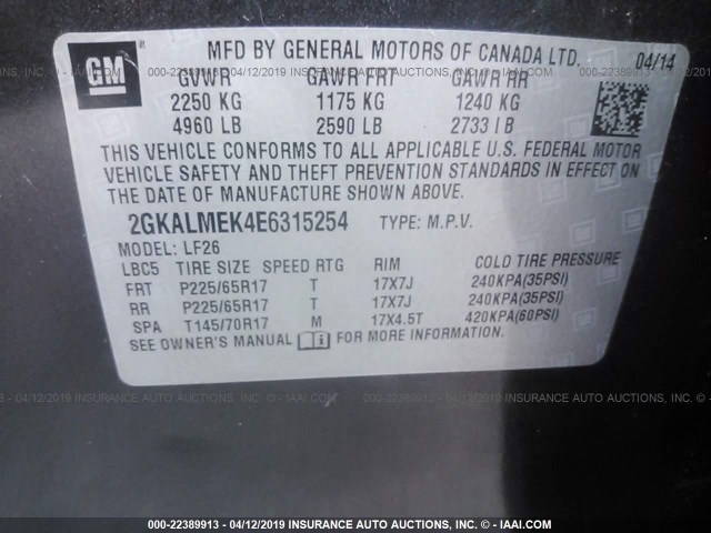 2GKALMEK4E6315254 - 2014 GMC TERRAIN SLE GRAY photo 9