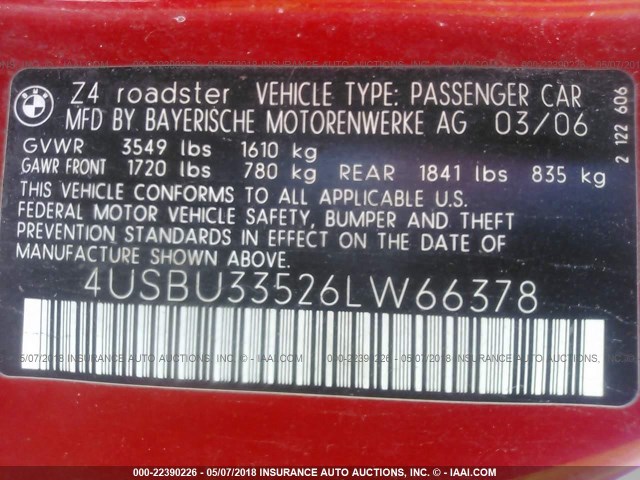 4USBU33526LW66378 - 2006 BMW Z4 3.0 RED photo 9