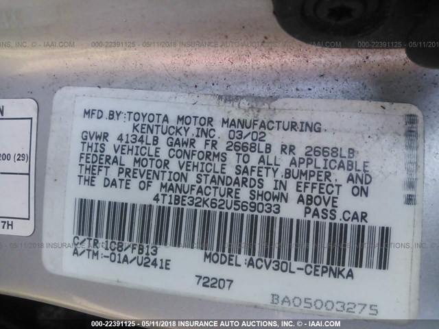 4T1BE32K62U569033 - 2002 TOYOTA CAMRY LE/XLE/SE SILVER photo 9