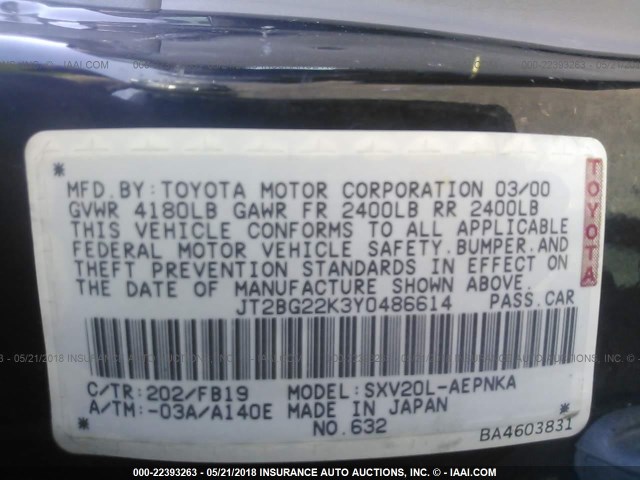 JT2BG22K3Y0486614 - 2000 TOYOTA CAMRY CE/LE/XLE BLACK photo 9