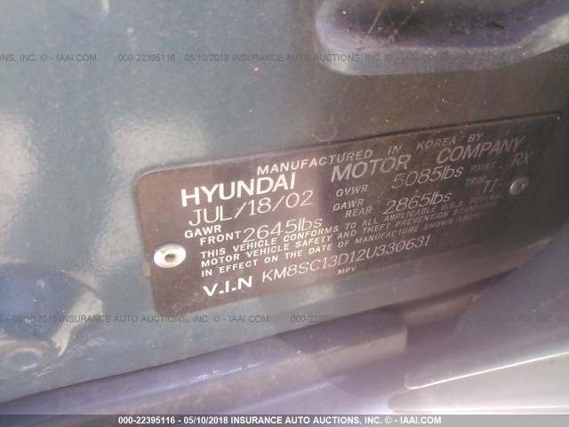 KM8SC13D12U330631 - 2002 HYUNDAI SANTA FE GLS/LX Light Blue photo 9