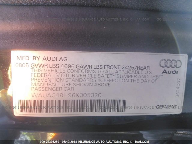 WAUAC48H96K005320 - 2006 AUDI A4 1.8 CABRIOLET BLACK photo 9