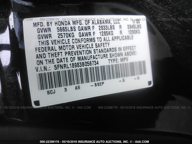 5FNRL18983B056734 - 2003 HONDA ODYSSEY EXL BLACK photo 9