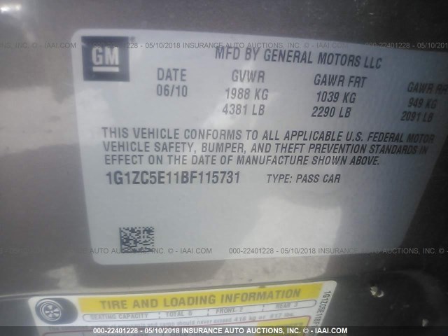 1G1ZC5E11BF115731 - 2011 CHEVROLET MALIBU 1LT GRAY photo 9