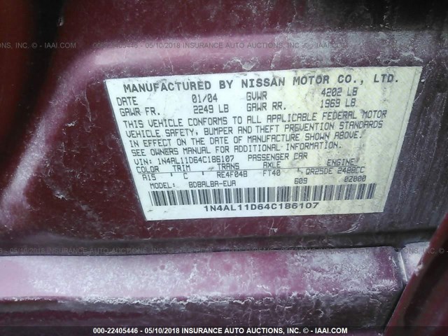 1N4AL11D64C186107 - 2004 NISSAN ALTIMA S/SL RED photo 9