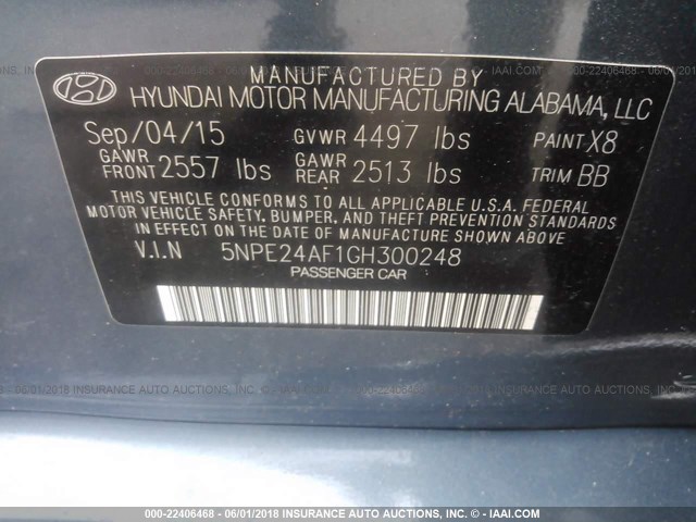 5NPE24AF1GH300248 - 2016 HYUNDAI SONATA SE Light Blue photo 9