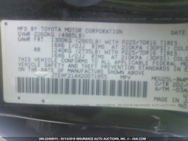 JTEHF21AX20071855 - 2002 TOYOTA HIGHLANDER LIMITED BLACK photo 9