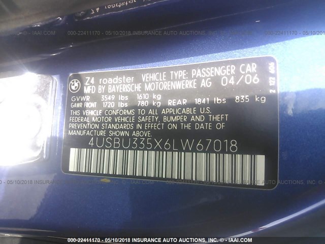 4USBU335X6LW67018 - 2006 BMW Z4 3.0 BLUE photo 9
