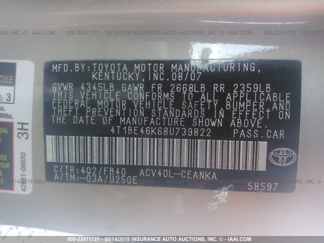 4T1BE46K68U739822 - 2008 TOYOTA CAMRY CE/LE/XLE/SE GOLD photo 9