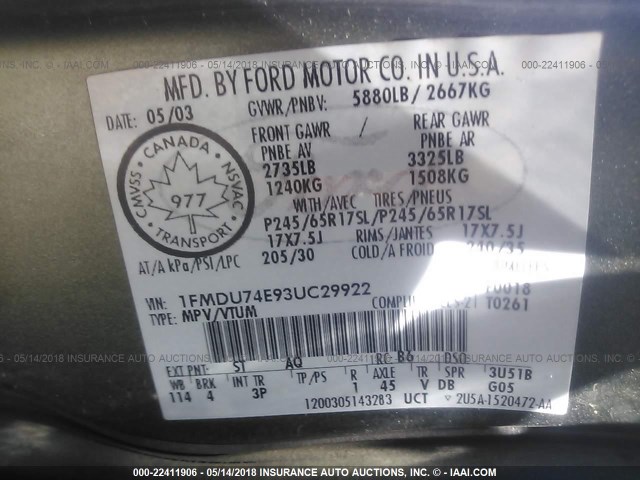 1FMDU74E93UC29922 - 2003 FORD EXPLORER EDDIE BAUER GREEN photo 9