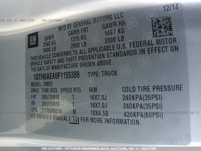 1GTH6AEA8F1155388 - 2015 GMC CANYON SILVER photo 9