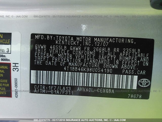 4T1BB46K98U054190 - 2008 TOYOTA CAMRY HYBRID SILVER photo 9