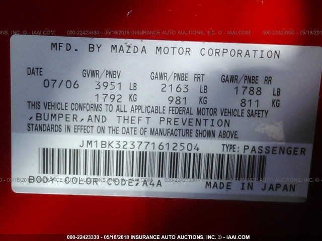 JM1BK323771612504 - 2007 MAZDA 3 S RED photo 9