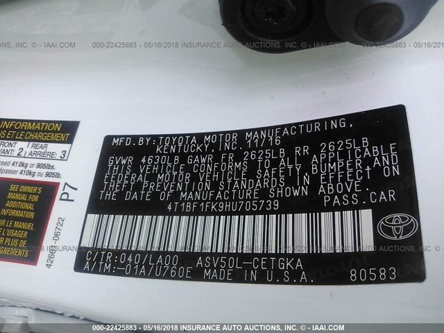 4T1BF1FK9HU705739 - 2017 TOYOTA CAMRY LE/XLE/SE/XSE WHITE photo 9
