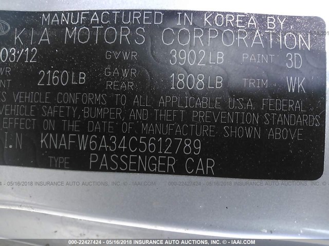 KNAFW6A34C5612789 - 2012 KIA FORTE SX SILVER photo 9