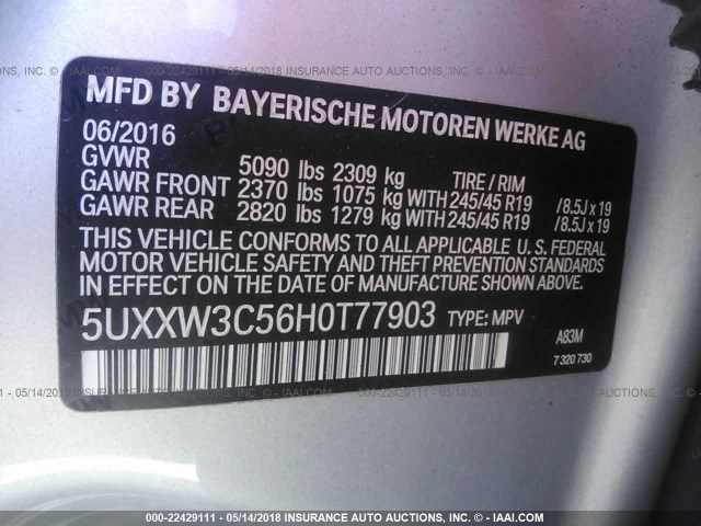 5UXXW3C56H0T77903 - 2017 BMW X4 XDRIVE28I SILVER photo 9