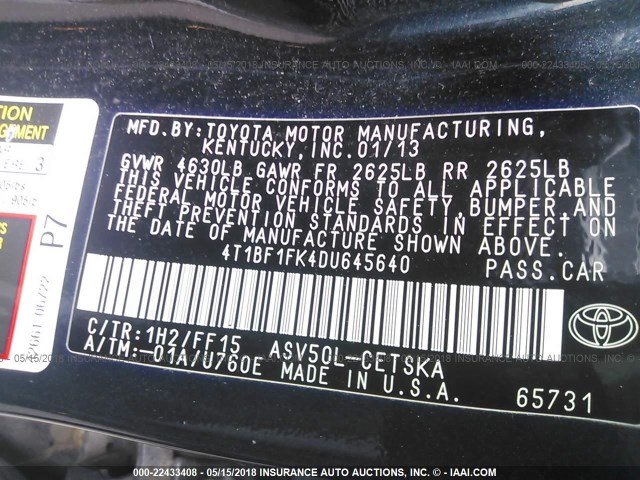 4T1BF1FK4DU645640 - 2013 TOYOTA CAMRY L/SE/LE/XLE Qara foto 9