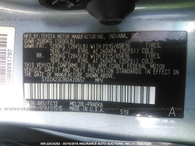 5TDZA23C96S420657 - 2006 TOYOTA SIENNA CE/LE GRAY photo 9