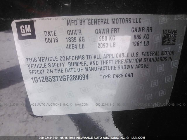 1G1ZB5ST2GF289694 - 2016 CHEVROLET MALIBU LS BLACK photo 9