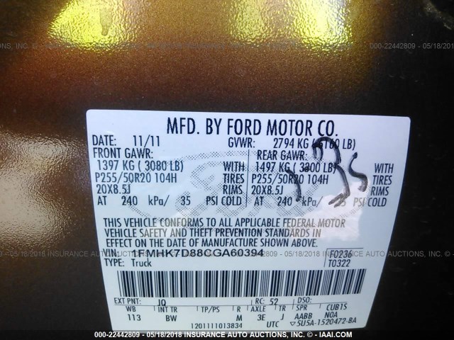 1FMHK7D88CGA60394 - 2012 FORD EXPLORER XLT BROWN photo 9