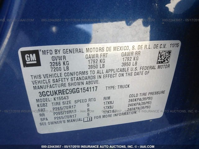 3GCUKREC9GG154117 - 2016 CHEVROLET SILVERADO K1500 LT BLUE photo 9