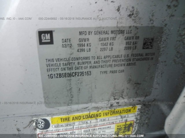 1G1ZB5E06CF275163 - 2012 CHEVROLET MALIBU LS 银色 照片 9