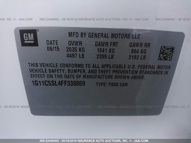 1G11C5SL4FF338869 - 2015 CHEVROLET MALIBU 1LT WHITE photo 9