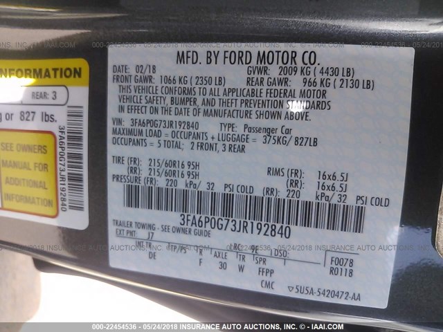 3FA6P0G73JR192840 - 2018 FORD FUSION S GRAY photo 9