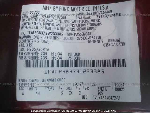 1FAFP38373W233385 - 2003 FORD FOCUS ZTS RED photo 9