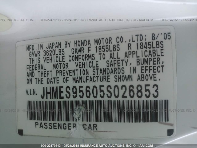 JHMES95605S026853 - 2005 HONDA CIVIC HYBRID WHITE photo 9