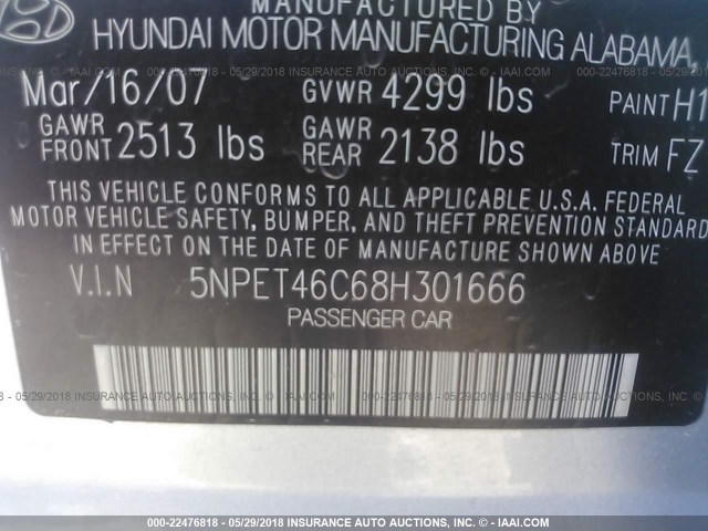 5NPET46C68H301666 - 2008 HYUNDAI SONATA GLS BLUE photo 9