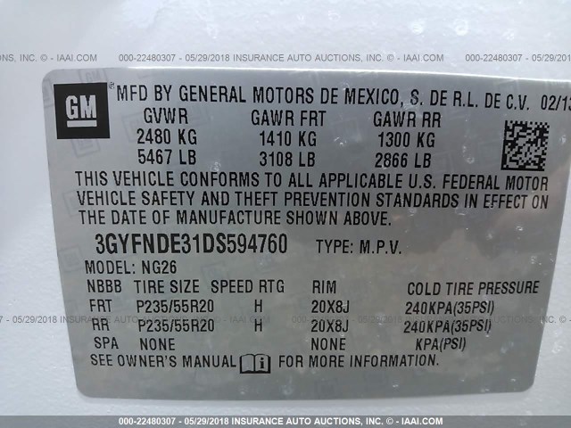 3GYFNDE31DS594760 - 2013 CADILLAC SRX PERFORMANCE COLLECTION Ақ фото 9