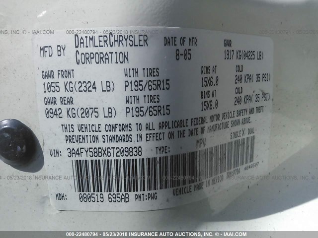 3A4FY58BX6T209838 - 2006 CHRYSLER PT CRUISER TOURING WHITE photo 9