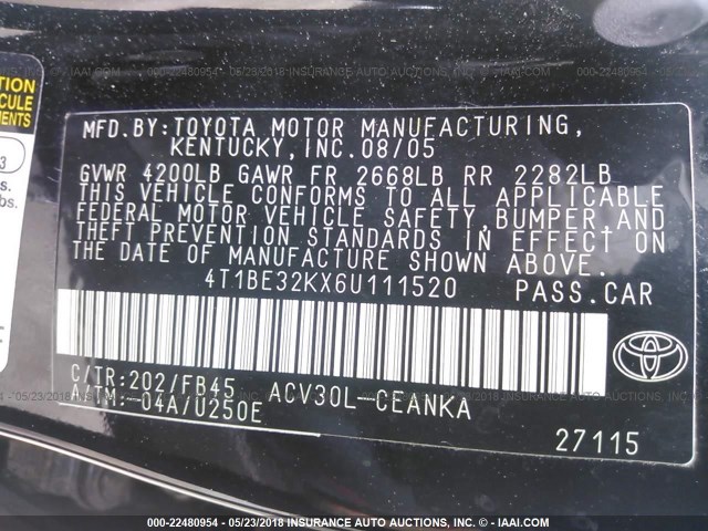 4T1BE32KX6U111520 - 2006 TOYOTA CAMRY LE/XLE/SE BLACK photo 9