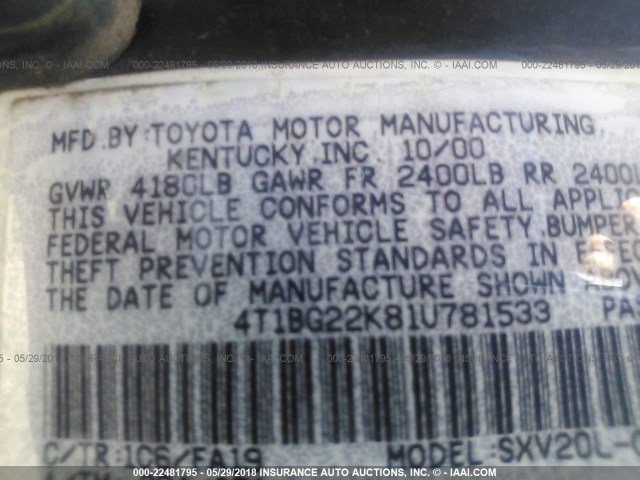 4T1BG22K81U781533 - 2001 TOYOTA CAMRY CE/LE/XLE GRAY photo 9