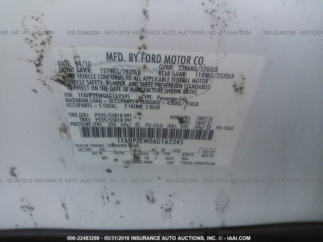 1FAHP2EW0AG162345 - 2010 FORD TAURUS SEL WHITE photo 9