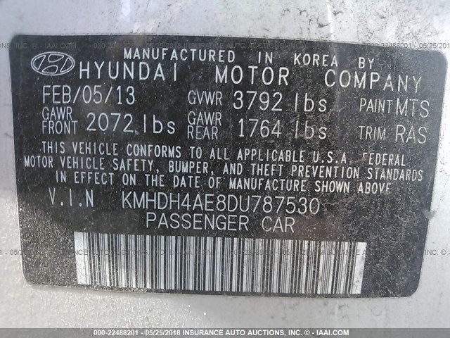 KMHDH4AE8DU787530 - 2013 HYUNDAI ELANTRA GLS/LIMITED SILVER photo 9