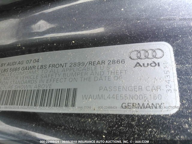 WAUML44E55N005160 - 2005 AUDI A8 L QUATTRO GRAY photo 9