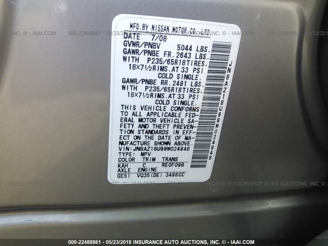 JN8AZ18U99W024948 - 2009 NISSAN MURANO S/SL Champagne photo 9