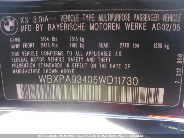 WBXPA93405WD11730 - 2005 BMW X3 3.0I BLACK photo 9