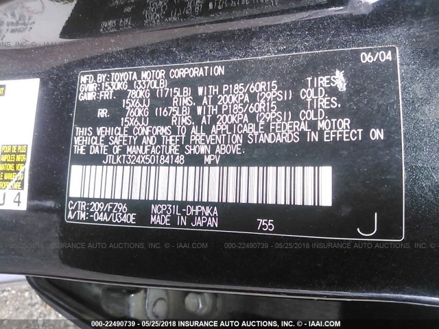 JTLKT324X50184148 - 2005 TOYOTA SCION XB Қара фото 9