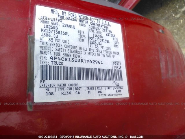 4F4CR13U3RTM42961 - 1994 MAZDA B3000 RED photo 9