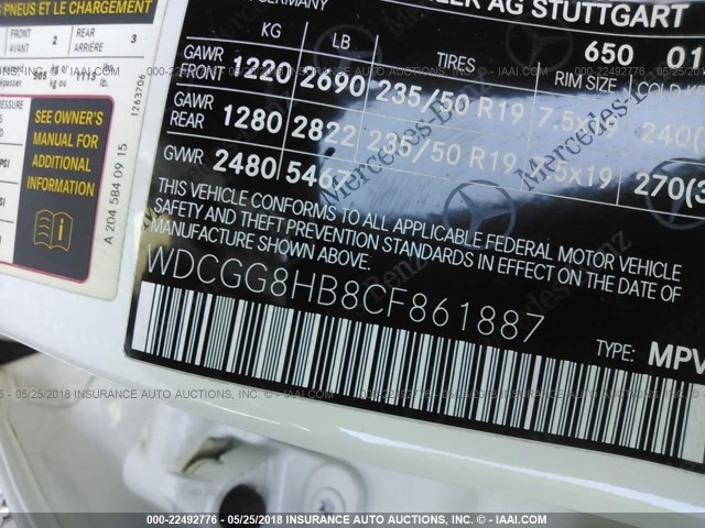 WDCGG8HB8CF861887 - 2012 MERCEDES-BENZ GLK WHITE photo 9