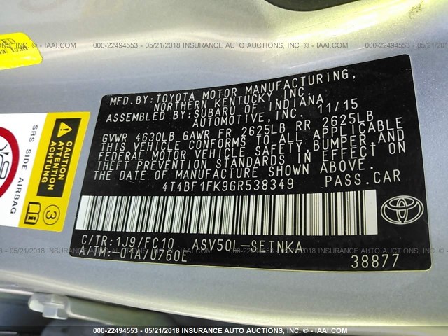 4T4BF1FK9GR538349 - 2016 TOYOTA CAMRY LE/XLE/SE/XSE GRAY photo 9